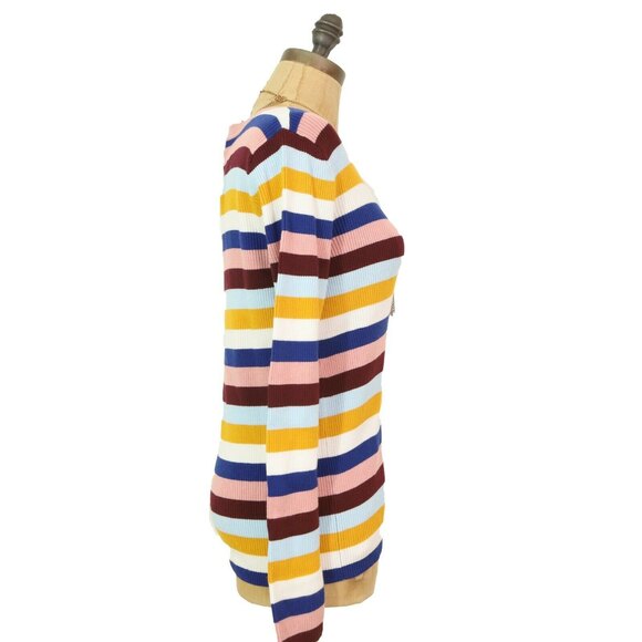 Halogen Even Striped Sweater Top Size L Fitted Crew Pink Multi NWT $69 B45 - Picture 4 of 6
